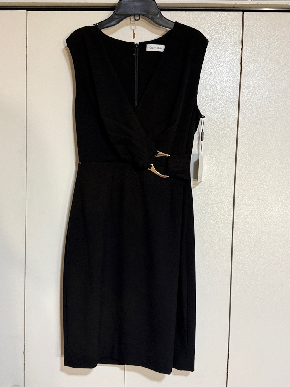 Calvin Klein Black Faux Wrap Sheath Dress Gold Buckle NWT Size 4 - Picture 2 of 11